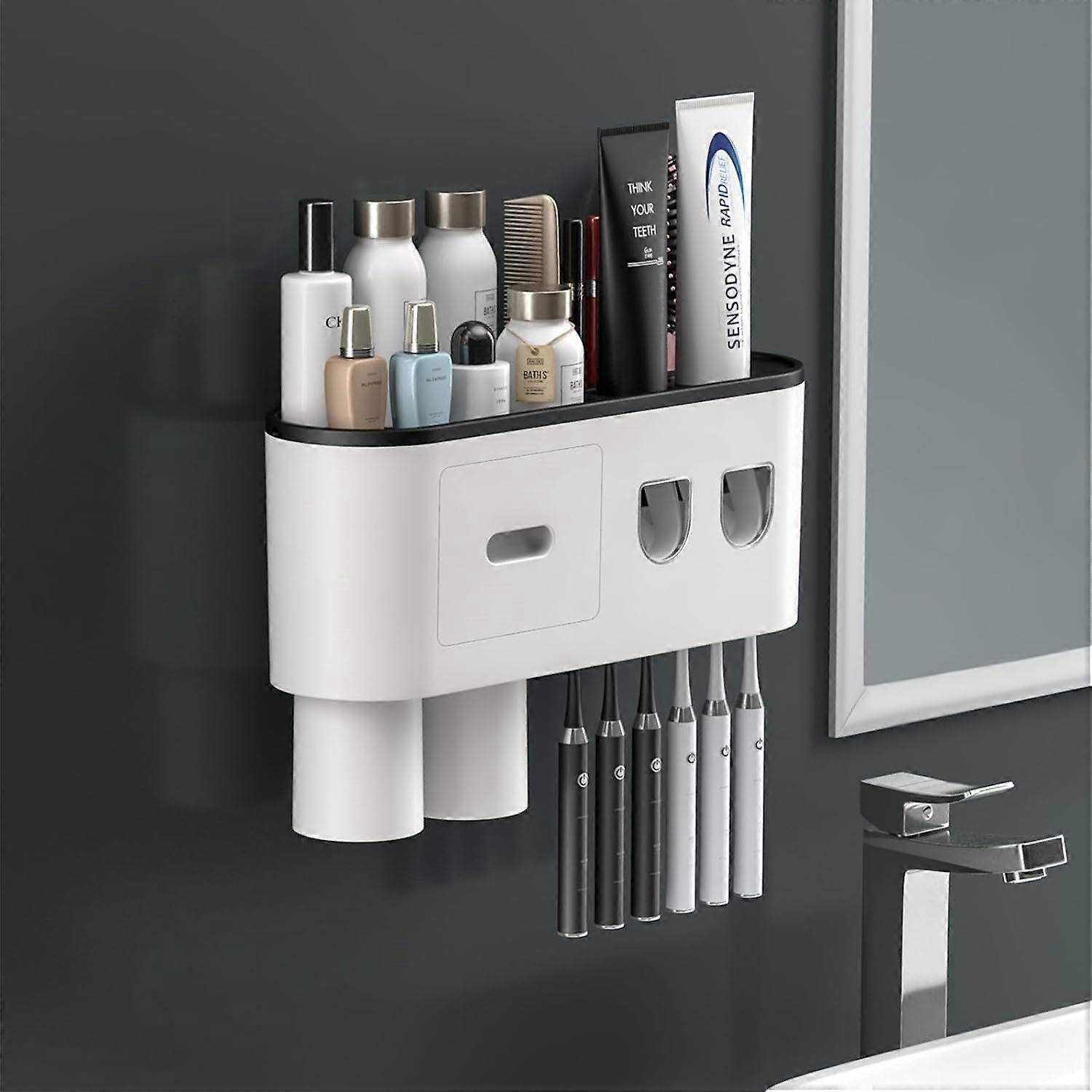 Double Automatic Toothpaste Dispensers Squeezer Kit with Toothbrush Holder Wall Mounted, Large Storage Organizer