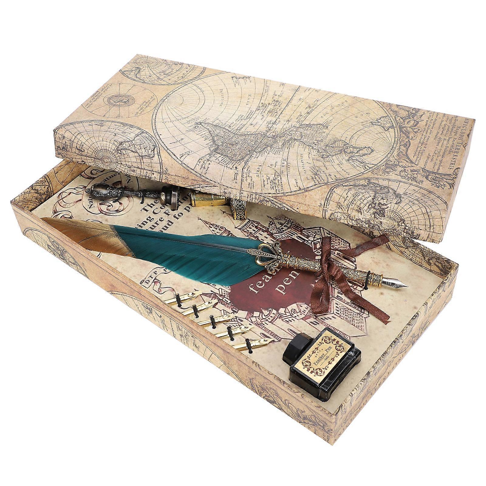 Federstift-Set, Goldkopf, getaucht in Wasser, Vintage-Schreibwerkzeug, Retro-Kalligraphie, Geschenk, Grün