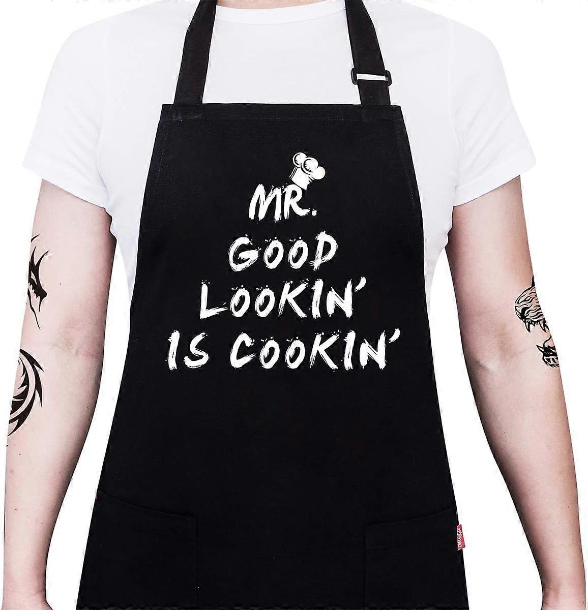 Ποδιά σεφ κουζίνας - MR. GOOD LOOKIN' IS COOKIN' Αστείες ποδιές για άνδρες μπαμπά - Ρυθμιζόμενη ποδιά με σαλιάρα