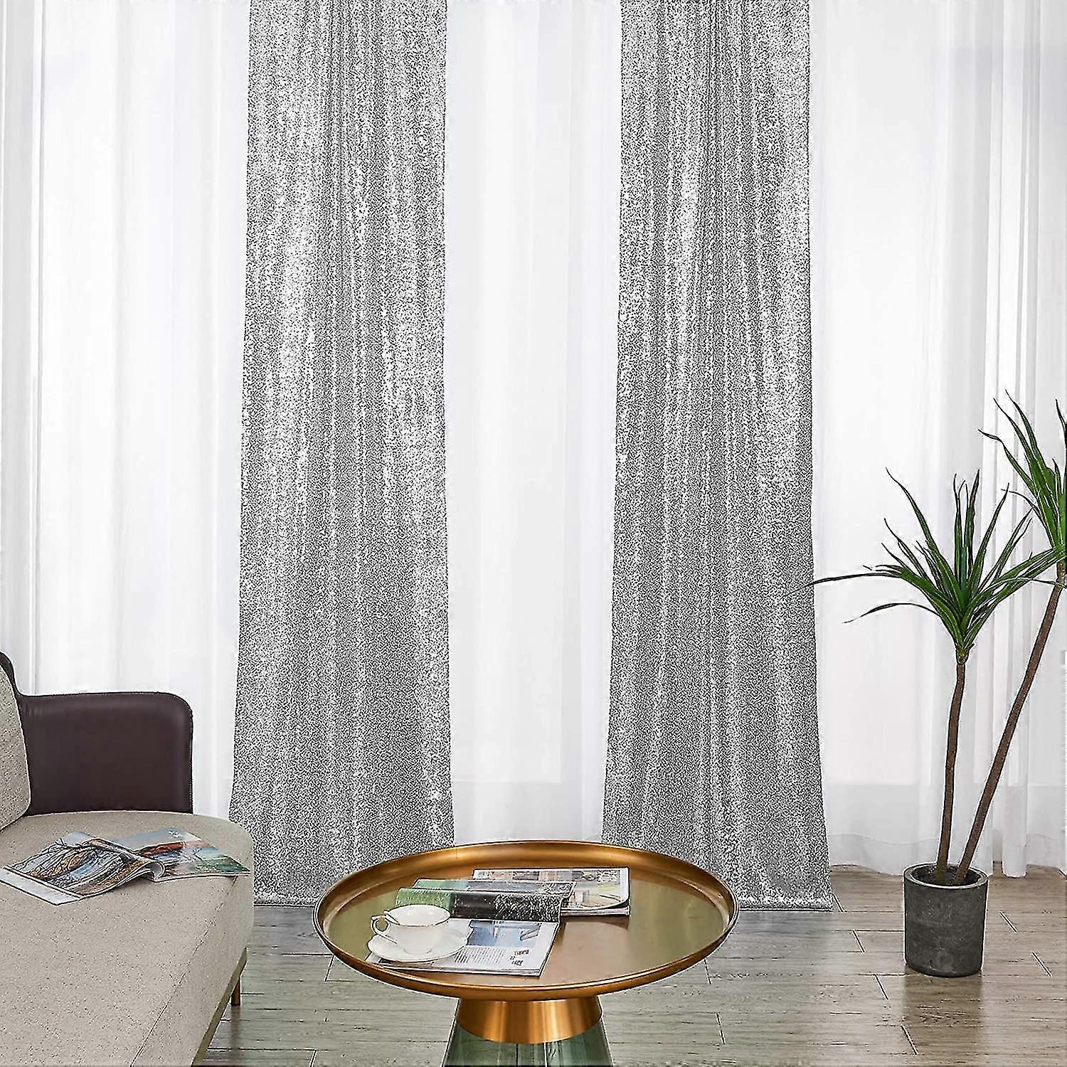 28ft-2pcs Silver Sequin Backdrop Curtains Panels, Photography Backdrop