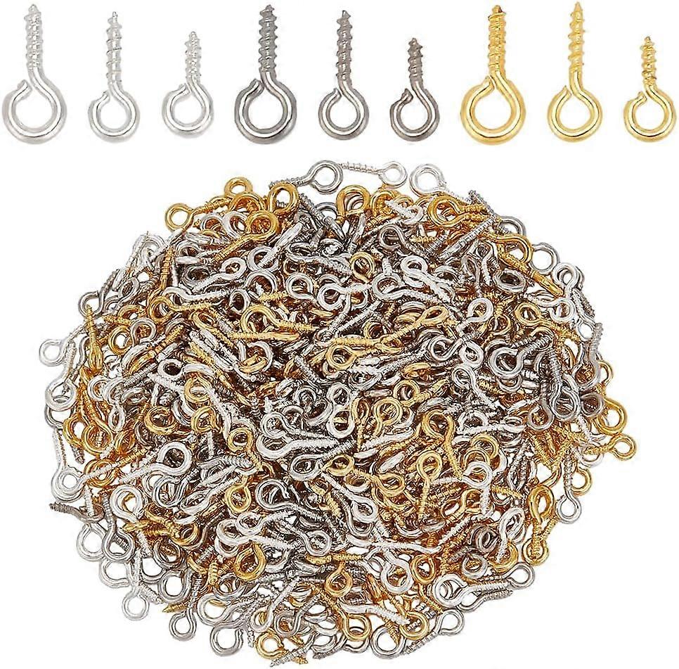1800 Pcs Small Screw Eye Pins 3 Colors 3 Sizes Threaded Clasps Hooks Iron Peg Bails Hooks Self Tapping Metal Eyelet Screws for DIY Charms Pendant Half