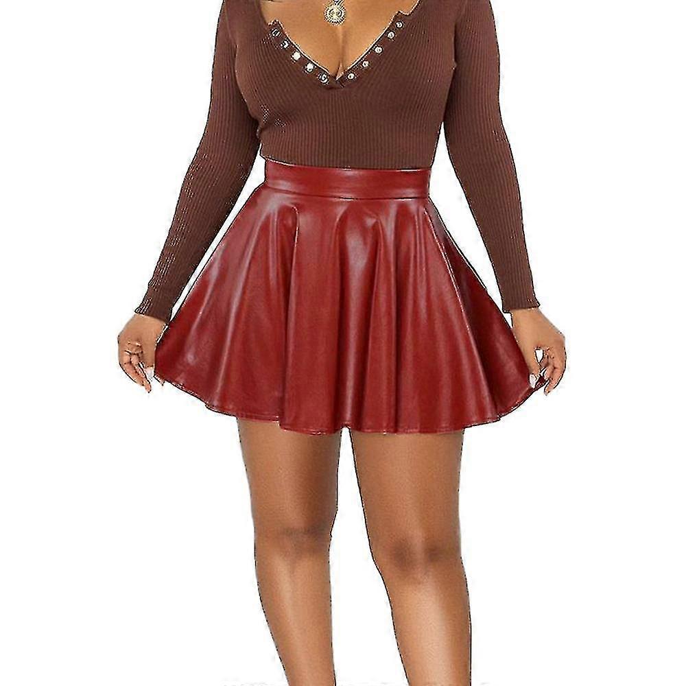 Bayan Bayan Yüksek Bel Mini Etek Suni Deri Islak Görünümlü Flared Patenci Etek