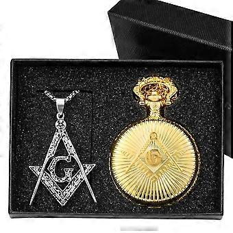 Masonic Pocket Watch Gift Set Necklace Pendant Quartz Clocks Men's Fashion Sweater Accessories Gifts Kit for Boyfriend Jewelry