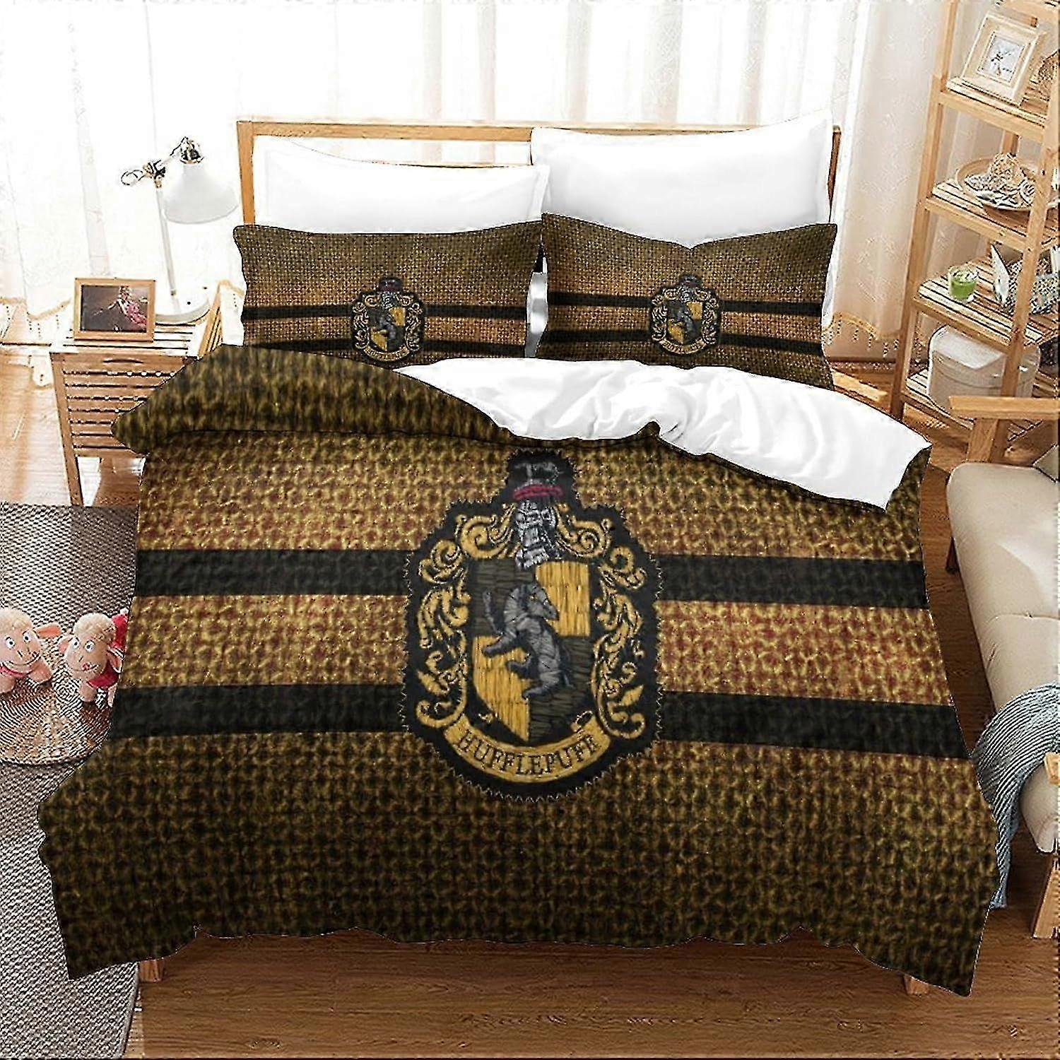 J2664 Lençóis Hufflepuff Tema Capa de Edredom para Crianças Meninos 3D Padrão Conjunto de Capa de Colcha 3 Pcs Capa de Edredão de Cama com Fronhas Lençóis BBA266