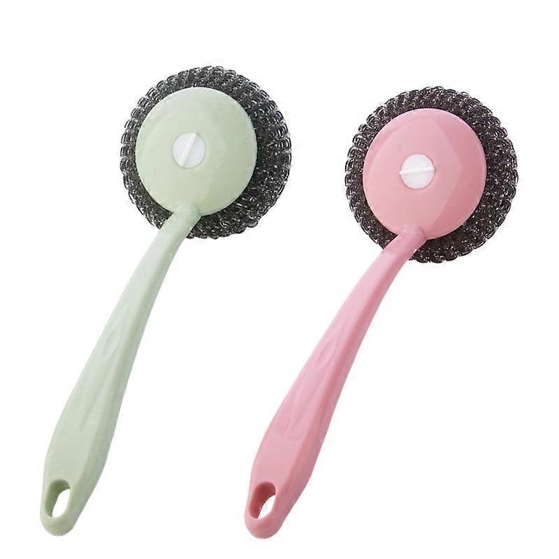 2PCS Stainless Steel Wool Ball Brush With Long Plastic Handle Kitchen   Tools