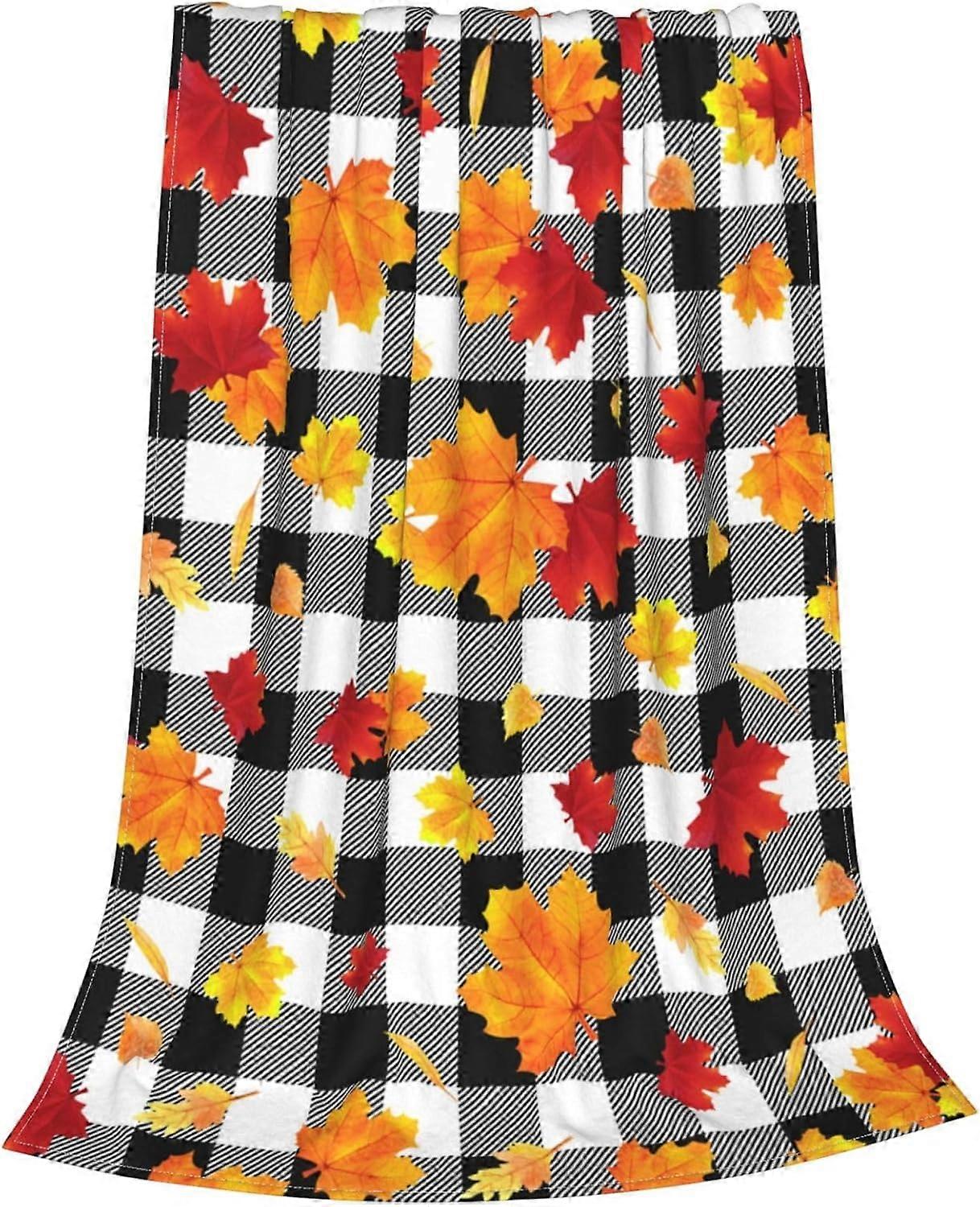 Fall Fleece Throw Blankets Maple Leaf Throw Blanket for Couch Sofa Bed, Luxury Soft Warm Fuzzy Cozy Black White Buffalo Check Plaid Flannel Blanket, L