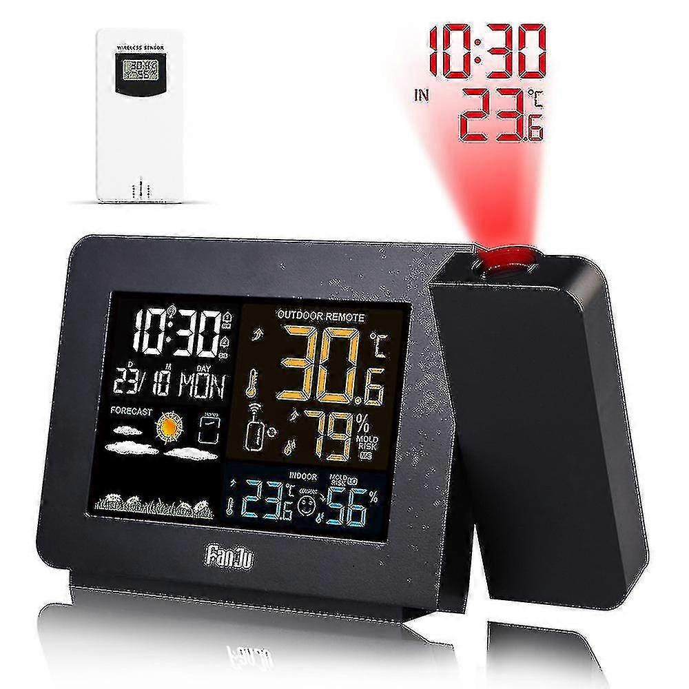 Projektion Wecker Projektionsuhr mit Bulit-in Outdoor Wirelss Sensor und Wetterstation Dual Alarme für Schlafzimmer Unterstützung LCD Display Datum Uhrzeit