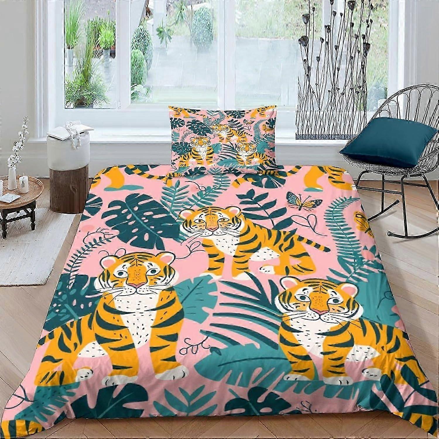 J3512 Lençóis Tigre 3D Capa de Edredão Conjunto de Cama Microfibra Decorativa Respirável 2 Pcs Animais Capa de Consolador com Fecho de Zíper Fronhas para T