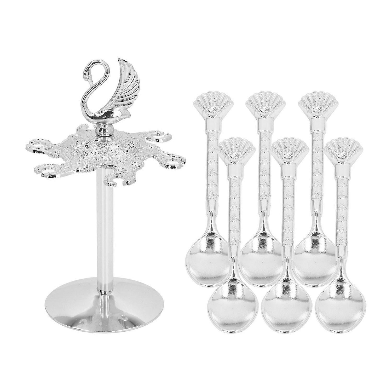 Swan Coffee Spoons Set Mirror Polished Strong Construction Swan Base Holder with 6 Spoons for Fruits