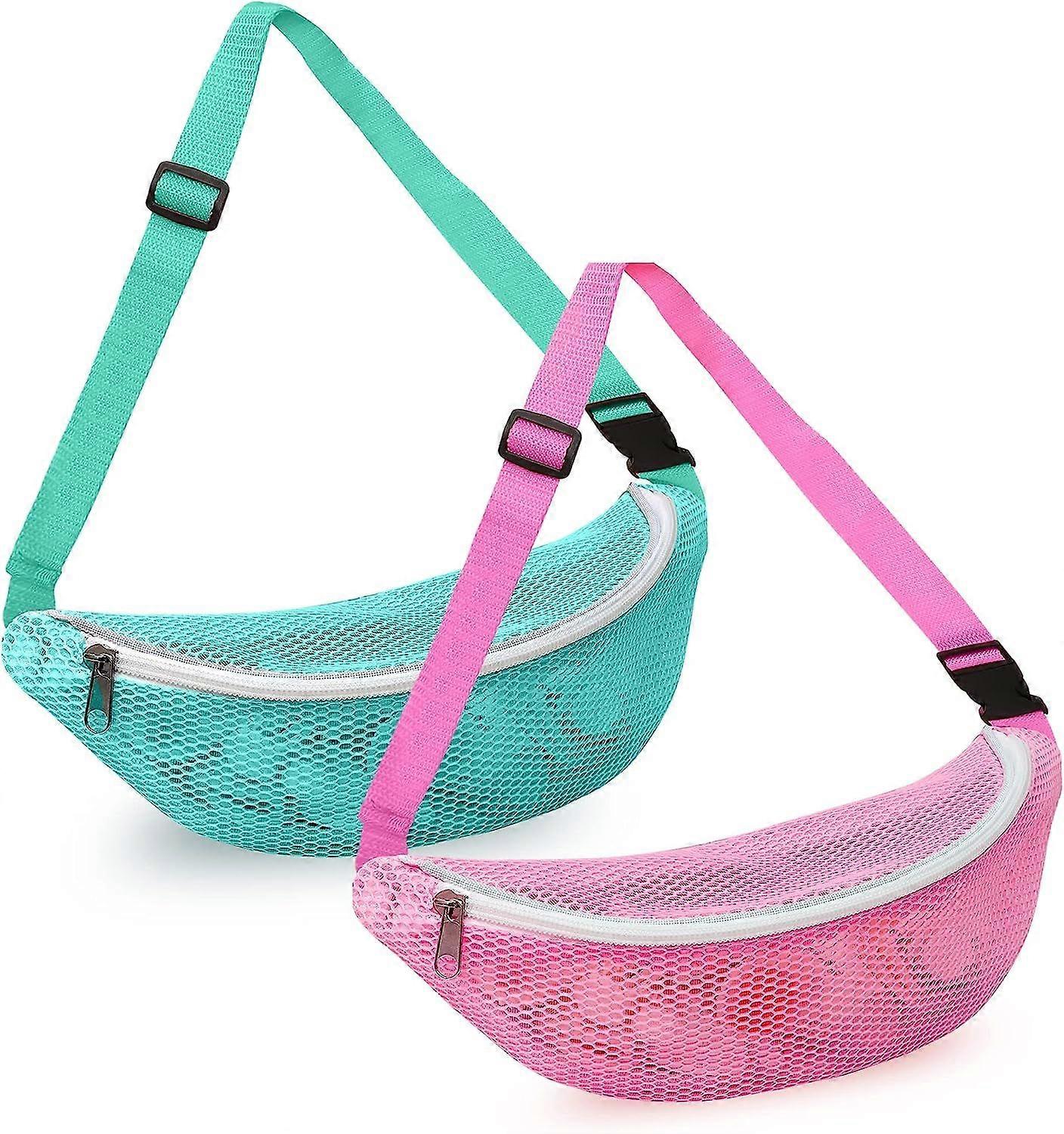 2Pcs Beach Toy Mesh Bag Crossbody Sand Bag Colorful Shell Bag Seashell Collecting Bag with Adjustable Straps and Zipper for Kids