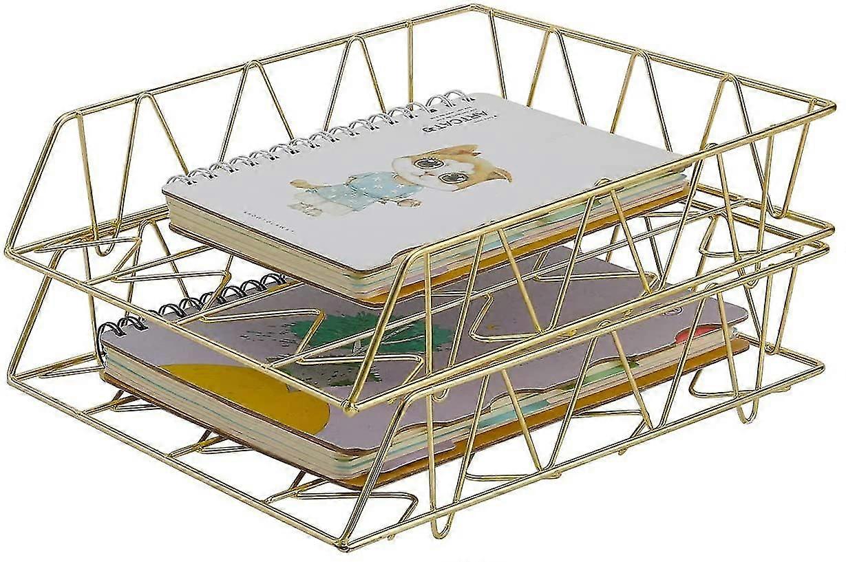 Desktop File Organizer Metal Stackable Letter Tray Paper Holder Rack, 2 Pack, Gold