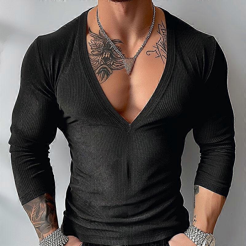 INCERUN Men Deep V Neck Long Sleeve Tops Knitted Fitted Undershirts