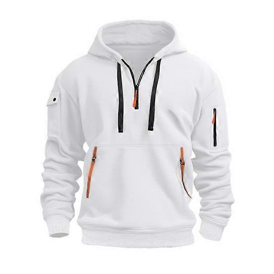 Men Hoodie Zipper And Strap Decor Drawstring Hooded Top Fall Spring Winter Patchwork