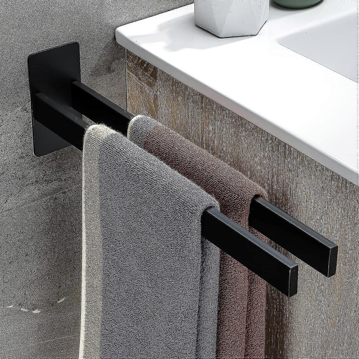 Double Matte Towel Rack Stainless Steel Rectangular Towel Rack No Drilling Self Adhesive Towel Holder for Bathroom Black 39cm