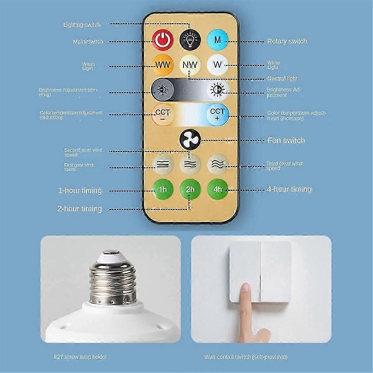 Socket Fan Light With Remote, Ceiling Fan With 3-speeds, Dimmable Led, E27 Base, Cordless Light Soc