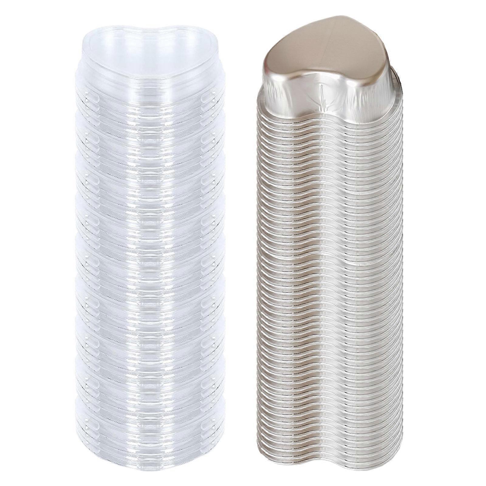 50Pcs Ταψιά σε σχήμα καρδιάς για κέικ και πουτίγκες Καλούπια ψησίματος με πλαστικά καλύμματα Μινιατούρες Cupcakes Bakewares ασήμι