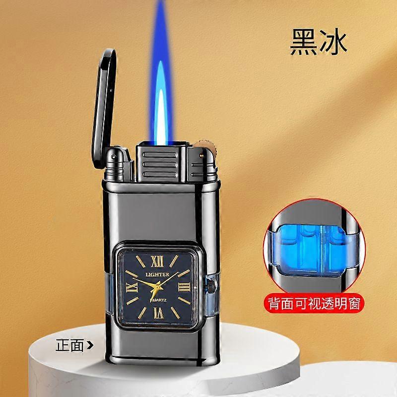 Hf633 Quartz Watch Plate Straight Blue Flame Inflatable Windproof Lighter Transparent Transom High-End Gift Lighter
