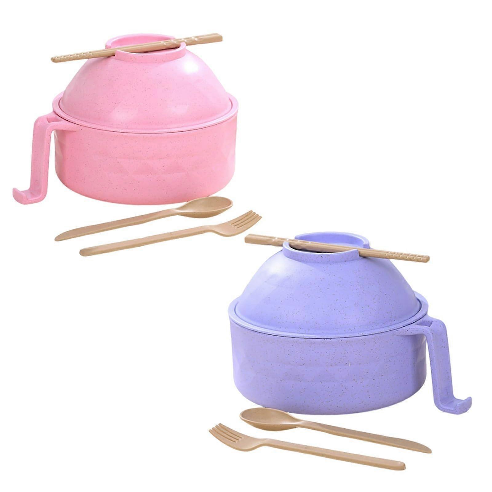 Microwave Ramen Bowl Set With Wheat Fiber Instant Noodle Bowls, Microwavable, Chopsticks, Spoon, Filter Lid, Handles 2-Piece