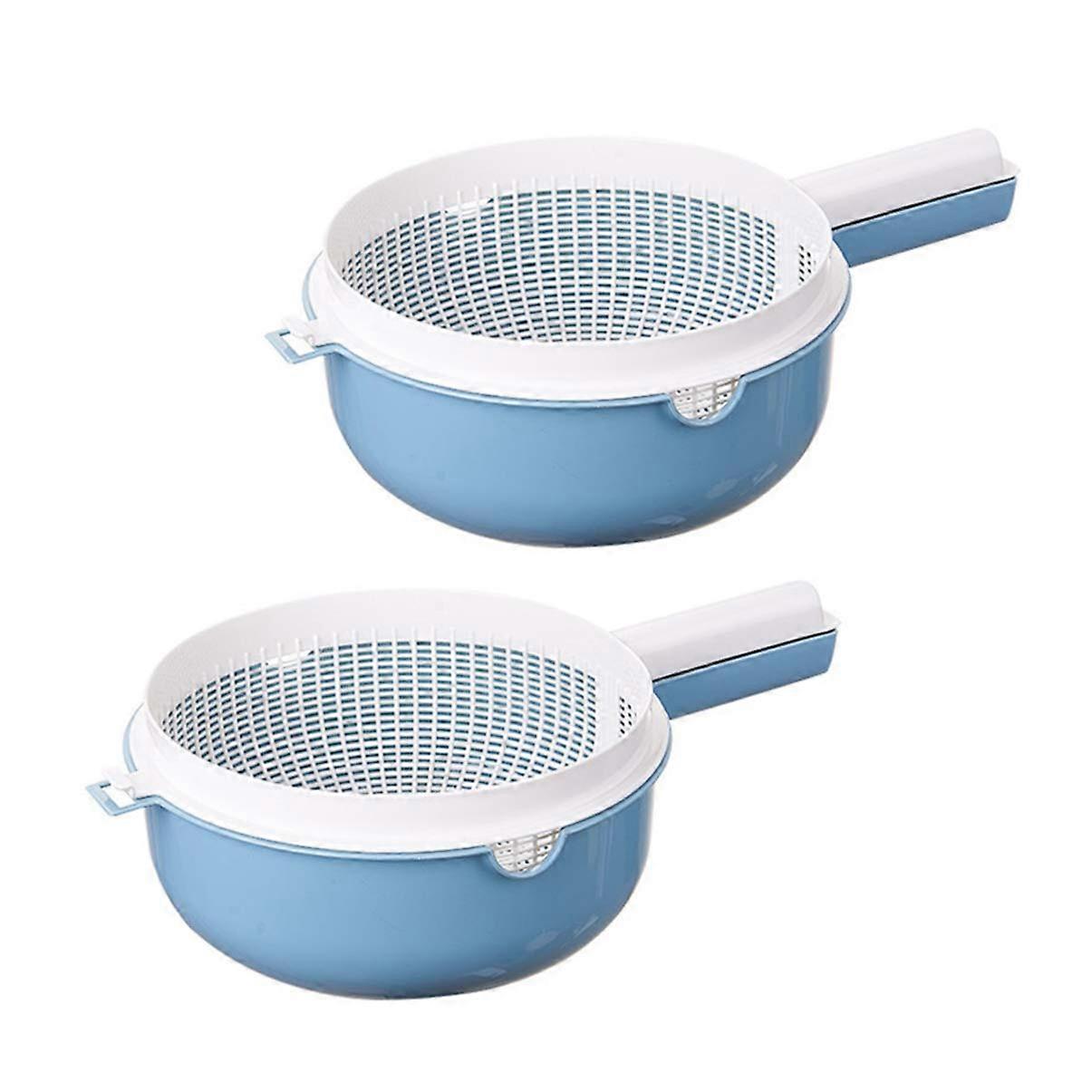 2 Pcs Kitchen Strainer Colander Bowl Sets 2-In-1 Fruit Vegetable Washing Bowl Portable With Handle Drying Basket Blue