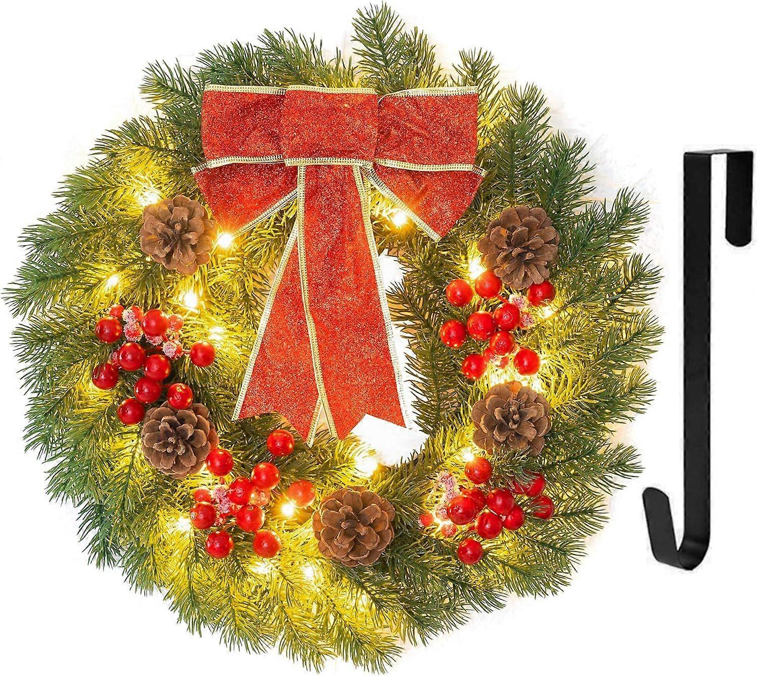 Waterzxプリライト人工クリスマスリース、40 LED 16インチスプルースベリーパインコーンガーランド、赤い弓付き人工ヒイラギの葉、クリスマスリース、HA付き