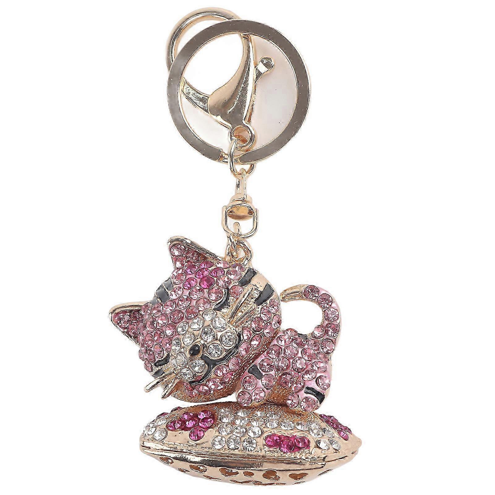 Rhinestone Cat Design, Pink Keychain, Sleeping