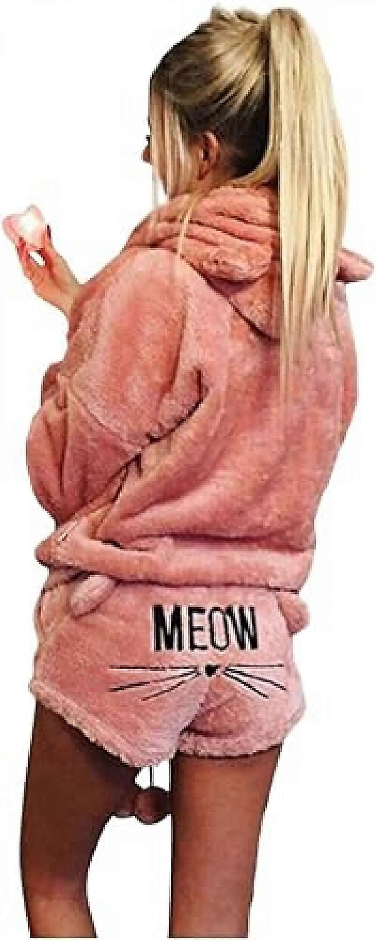 kvinnors söta fleece pyjamas kostym huva nattkläder mjau shorts set (rosa, s)