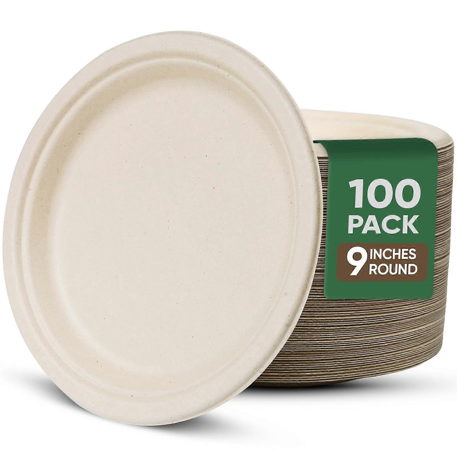9 Inch Compostable Paper Plates - 100 Pack Eco-Friendly Heavy Duty Brown Dinnerware, Microwavable, Water & Oil Resistant
