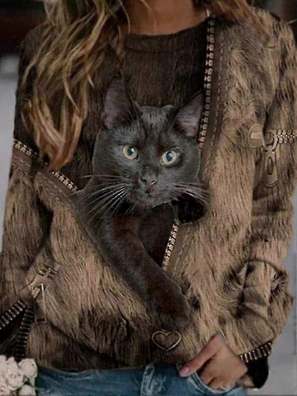 Women's T Shirt Tee in Black Yellow Red Cat 3D Print Long Sleeve for Daily Weekend Use, Basic Round Neck Regular Fit with 3D Cat Artwork