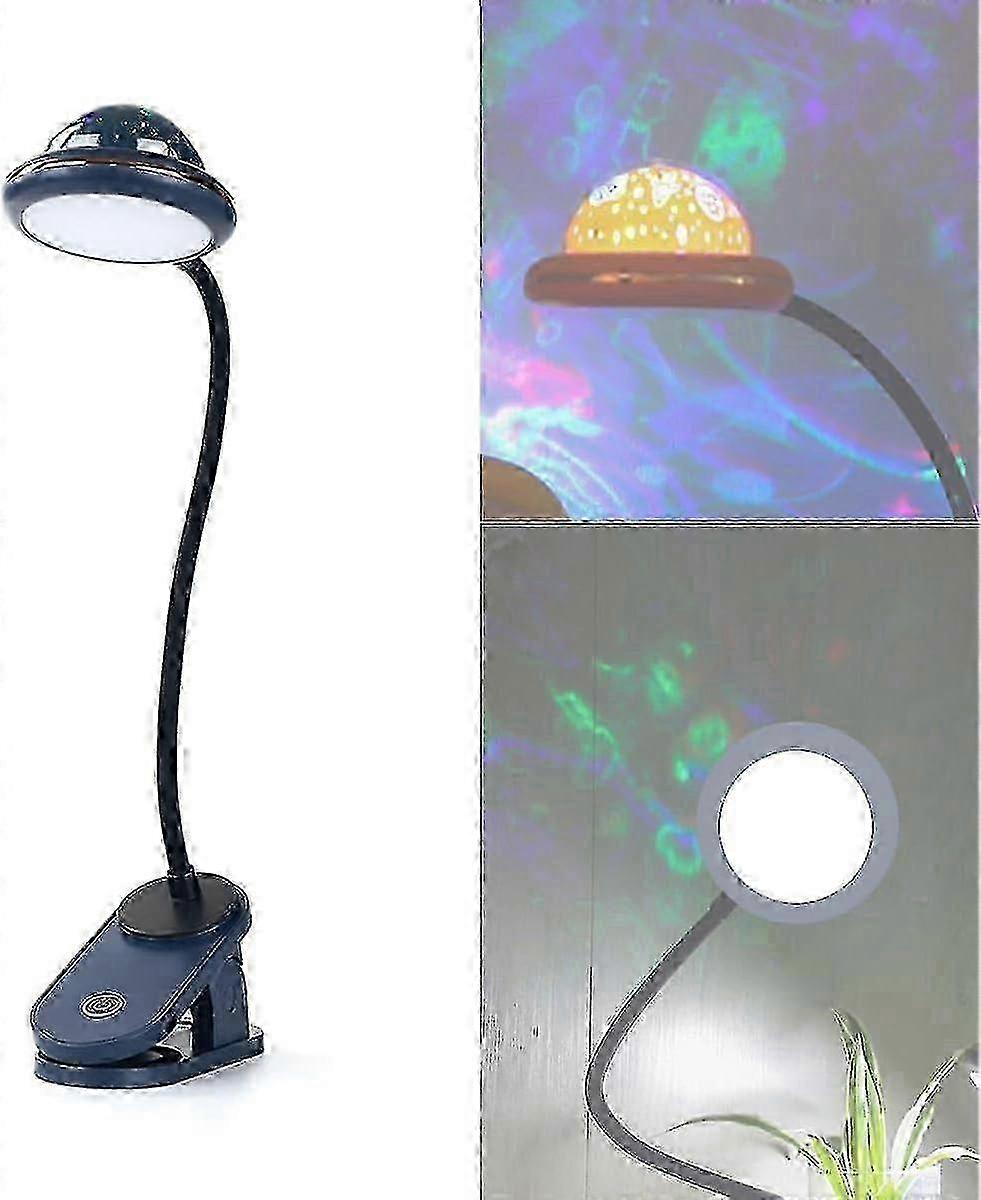 LED Kids Clip Lamp with Star Projector, USB Rechargeable Reading Light, Flexible Neck, Touch Dimming, 360° Rotation
