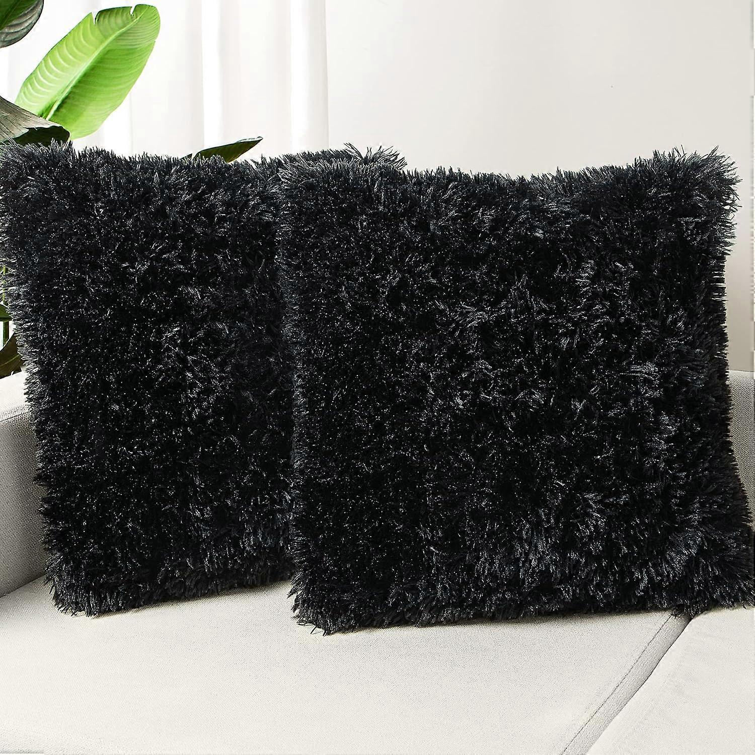 A set of 2 pillowcases 20x20, black fluffy pillowcase, luxurious artificial fur square sofa cushion pillowcase, sofa, living room
