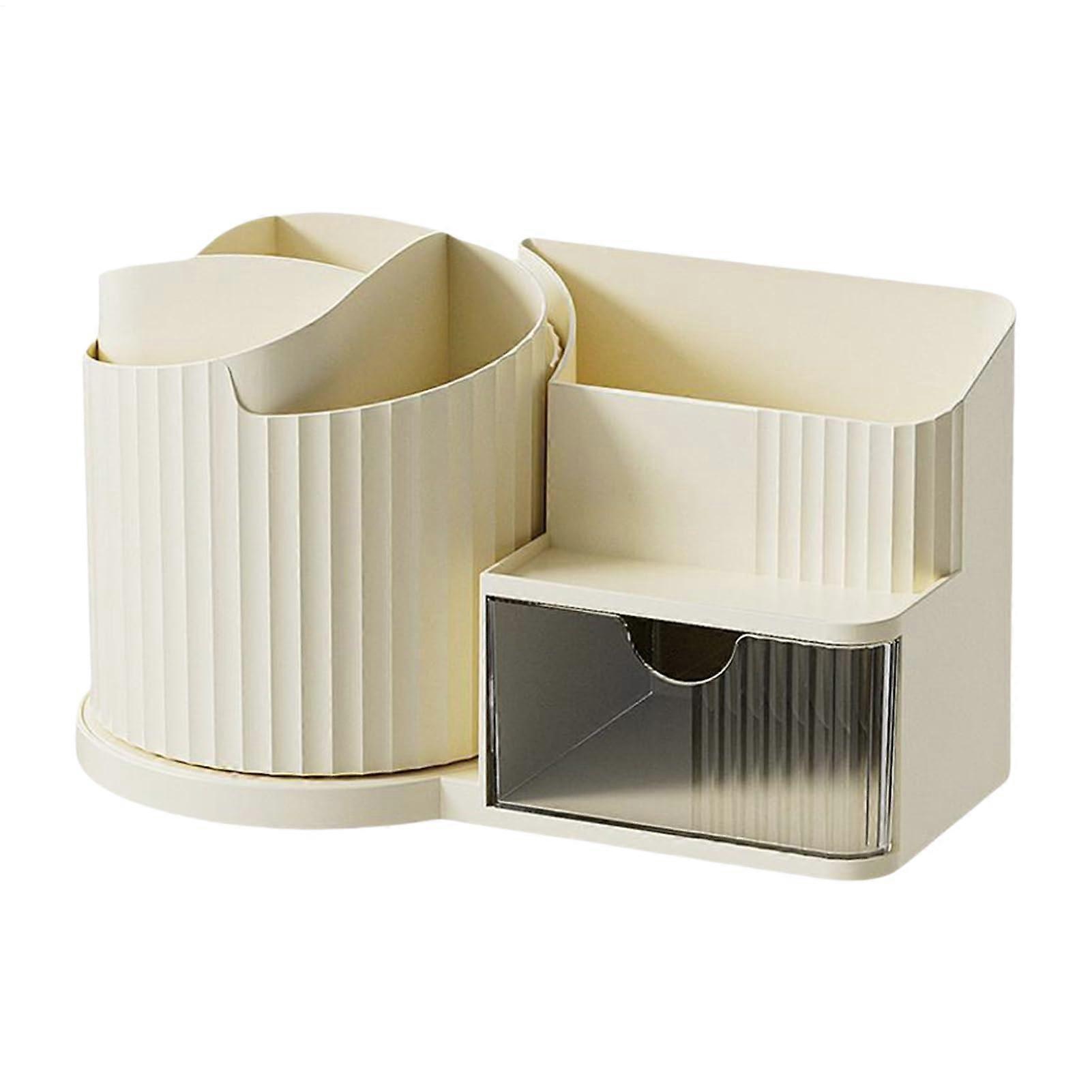 Desk Organizer - 360-Degree Rotating Desktop Storage with Compartmental Drawer for Office Supplies and Pens in Beige