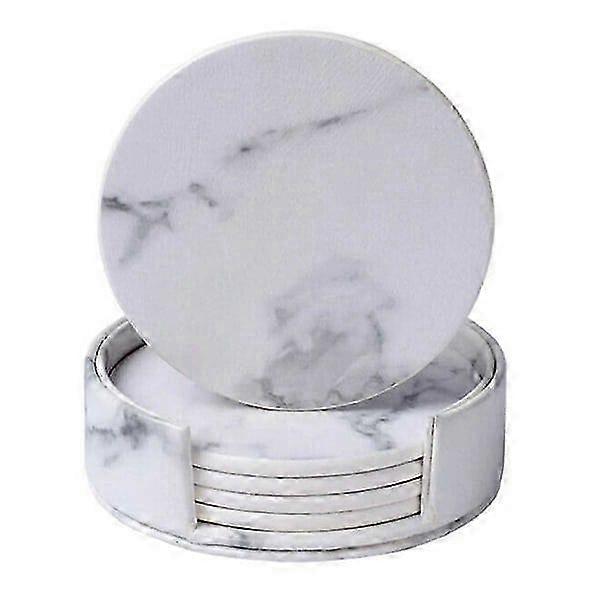 6-Pack Reversible Coasters White Marble PU with Holder