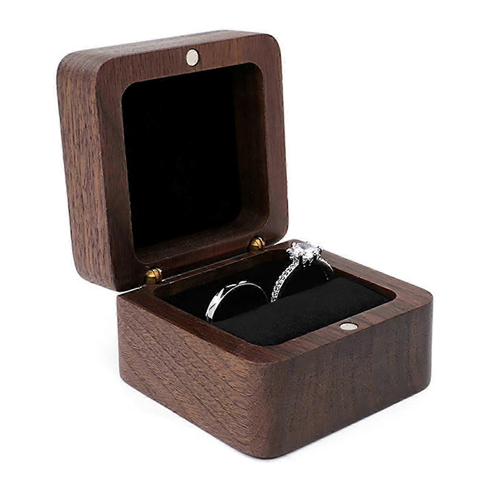 Vintage Wood Square Ring Box for Wedding Earrings - A