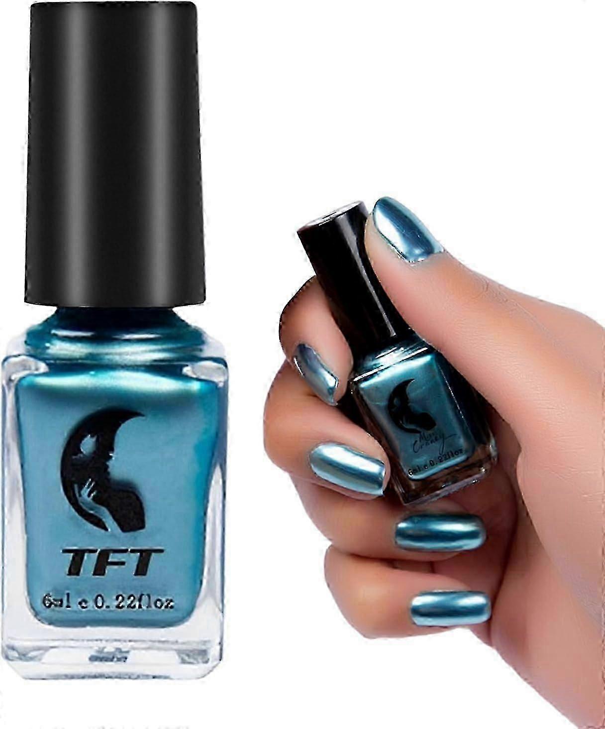 Metallic Blue Nail Polish, Quick Dry Mirror Effect, No UV Needed, Silver Plating Finish