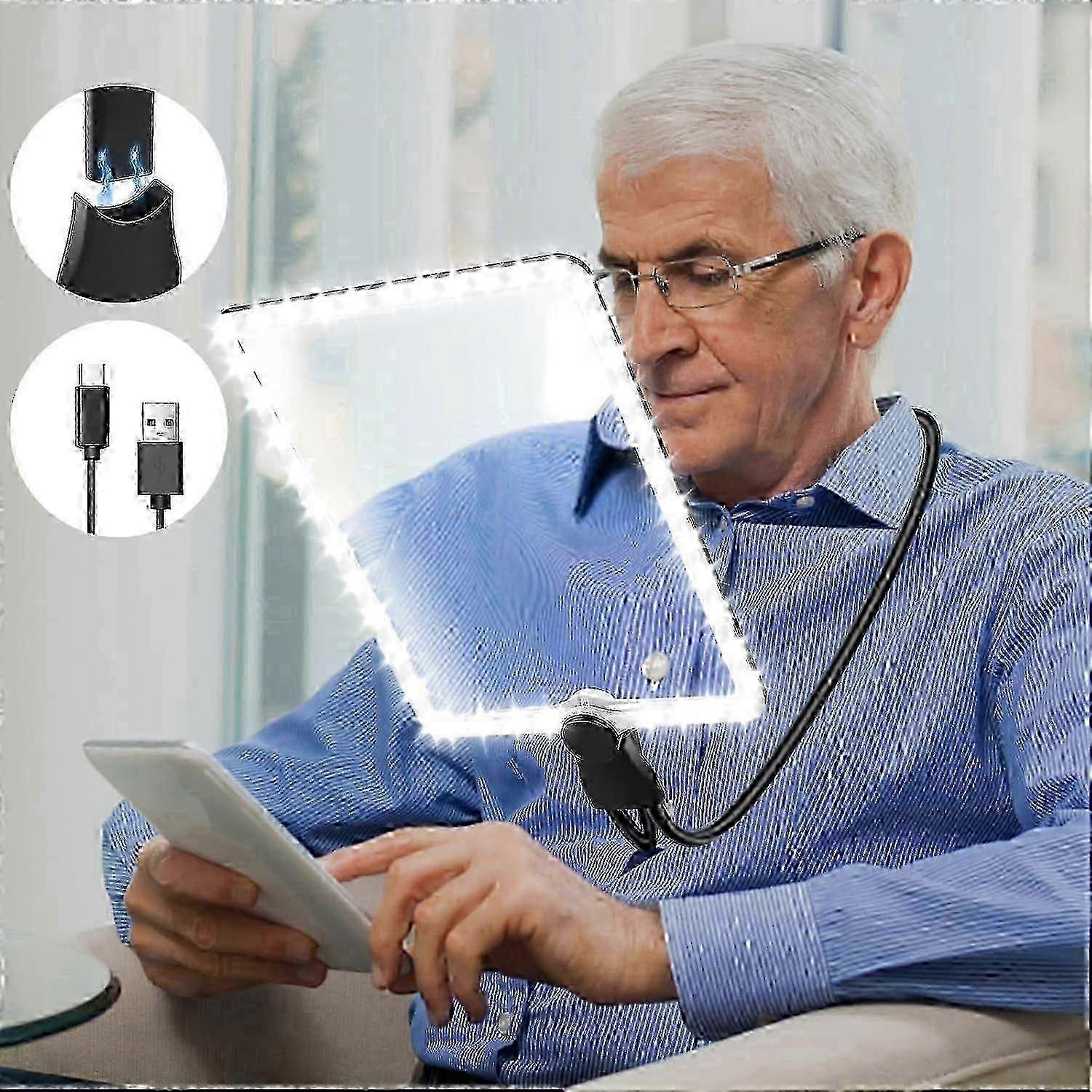 5X grande loupe de lecture avec lumière, lampe loupe mains libres rechargeable avec col de cygne flexible, lentille ultra claire 24x17cm, parfaite pour r