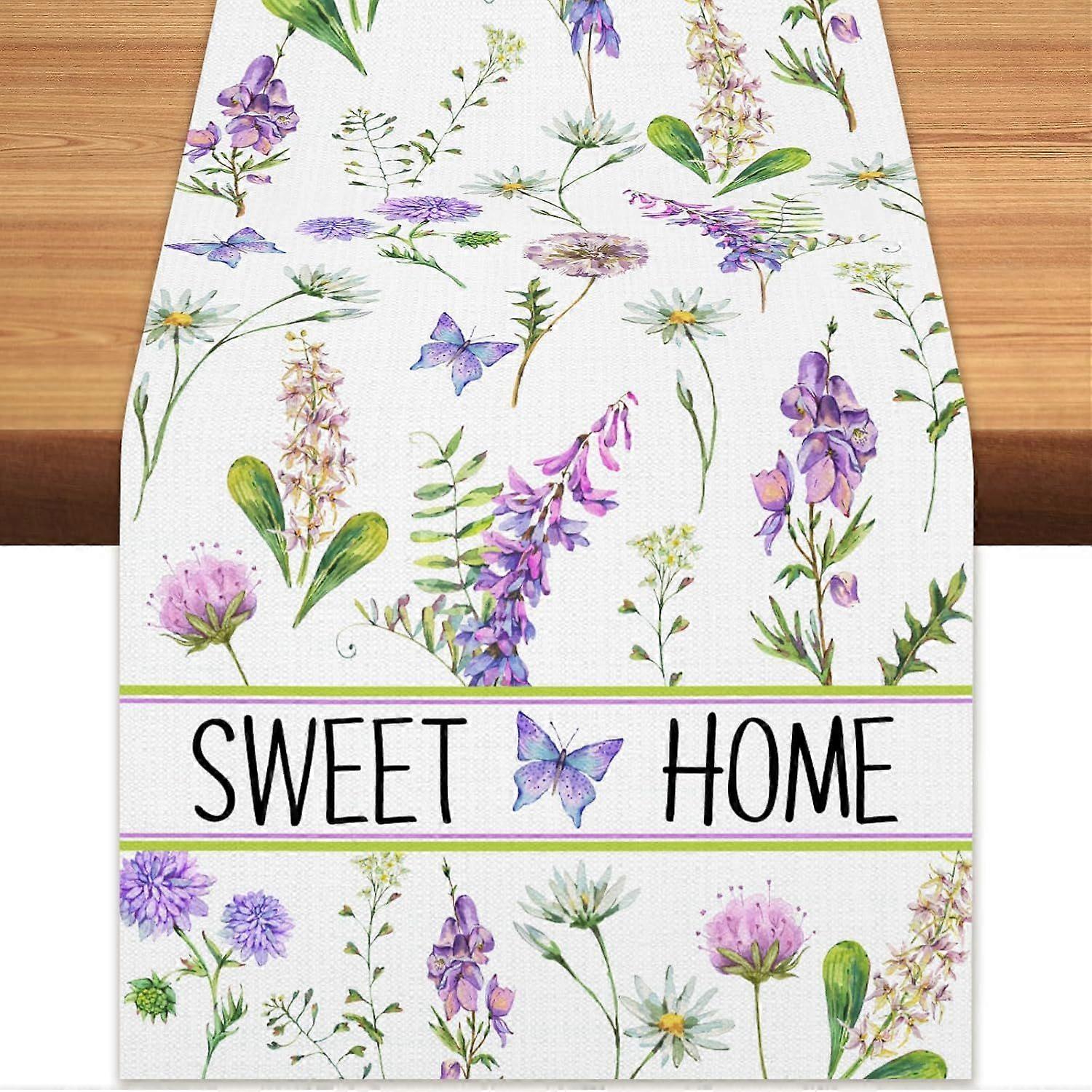 Spring Wildflowers Floral Summer Table Runner 13" x 72", Dandelion Daisy Lavender Butterfl