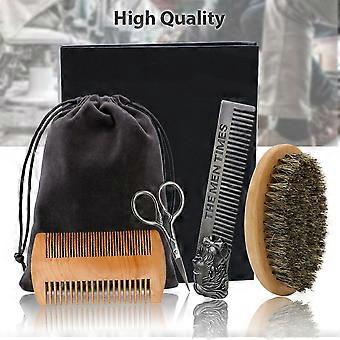 Beard Brush Set Professional Beard Comb Brush Care Mane Oval Brush Style Modeling Hair Stainless Steel Comb Beard Scissors Grate Comb