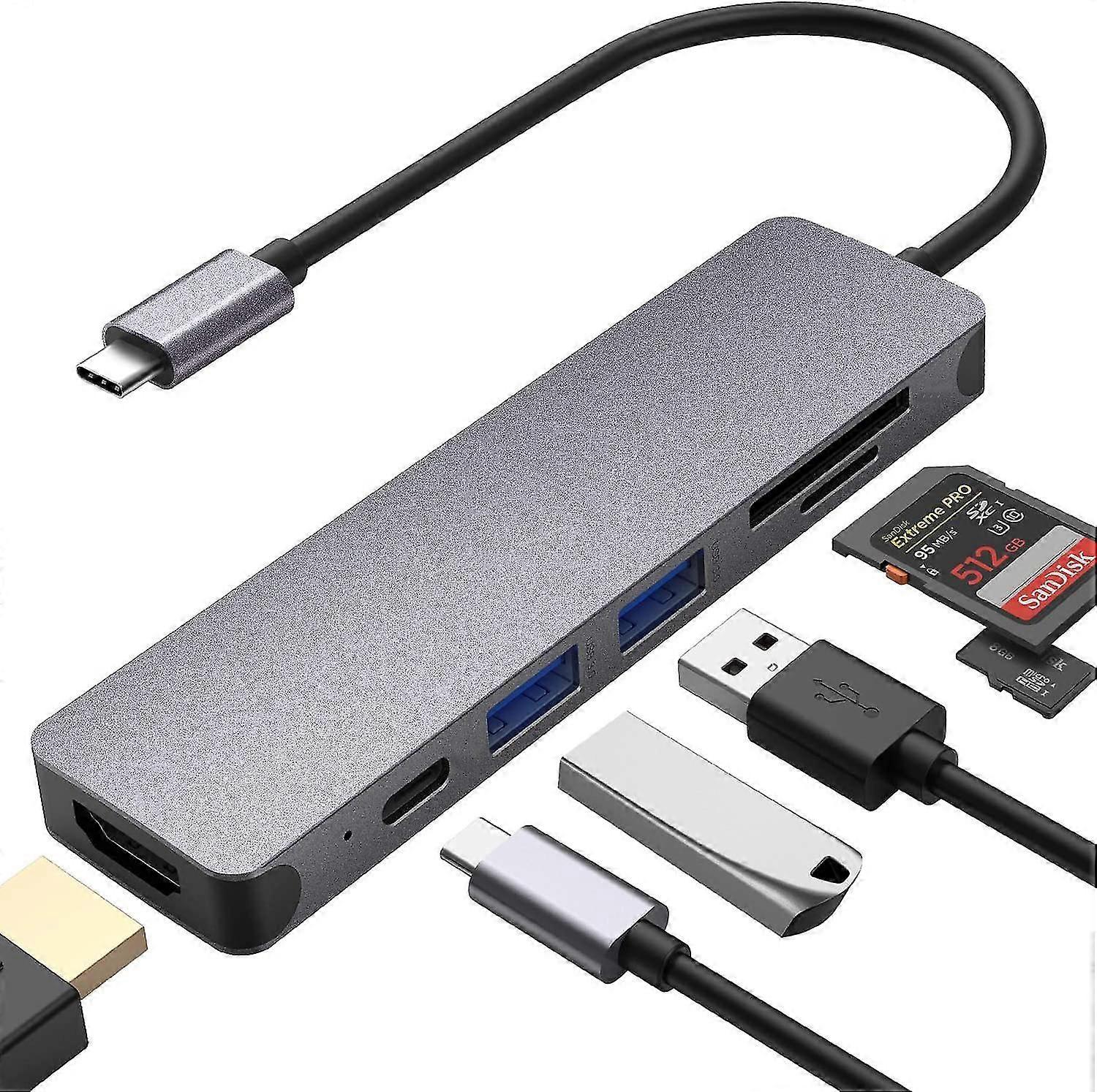 Levin Usb C Hub 7-in-1 Type C Hub Met 100 W Pd Voeding, 4k Uhd Usb C Naar Hdmi, 2 Usb 3.0 Aansluitingen, Sd/microsd/tf Kaartlezer, Usb C Adapter Co