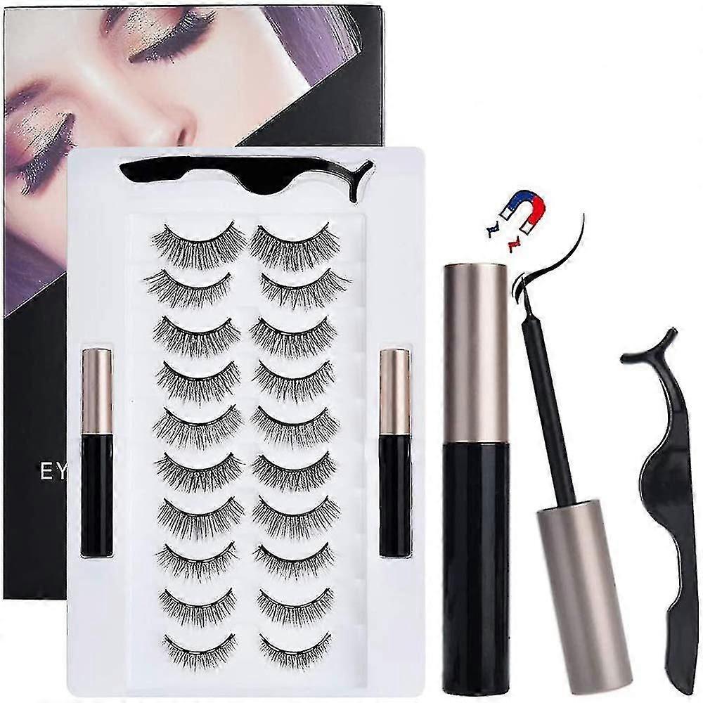 10 Pairs Magnetic Eyelashes And 2 Eyeliner Set Natural Look Reusable