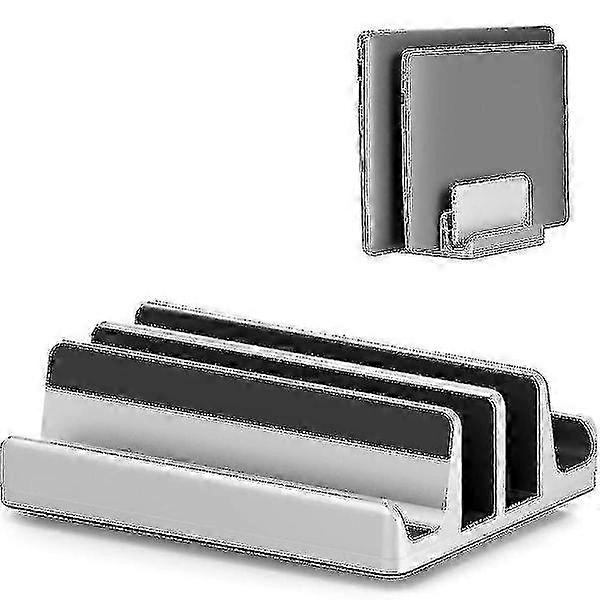 Adjustable vertical laptop stand with dual trays, designed desk holder