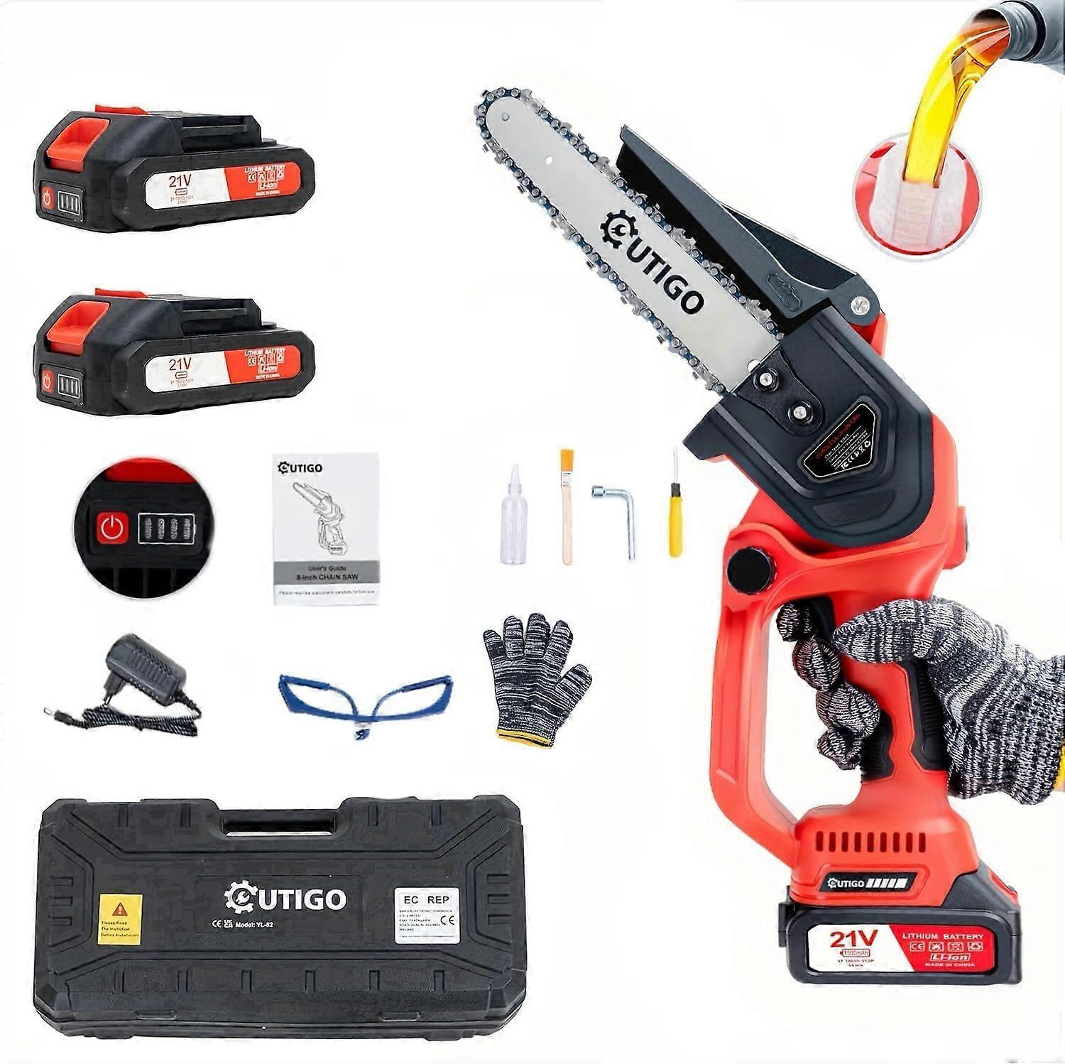 Cordless Mini Chainsaw 8 Inch with 2×21V Batteries, 800W Motor, Safety Lock for Tree Trimming