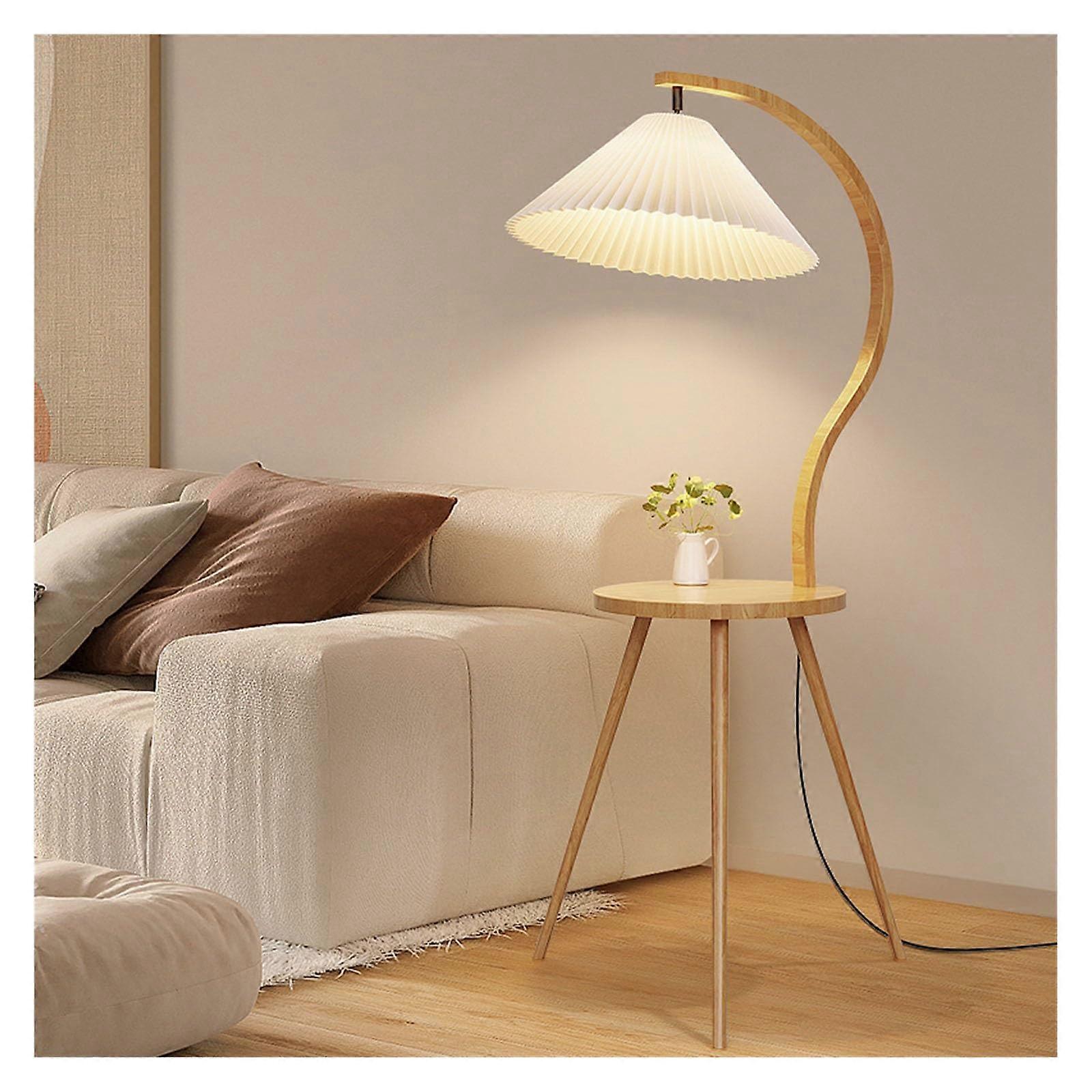 Modern Floor Lamp with Table and USB Charging, Wooden Shelf, Wireless Charger, 3Color LED
