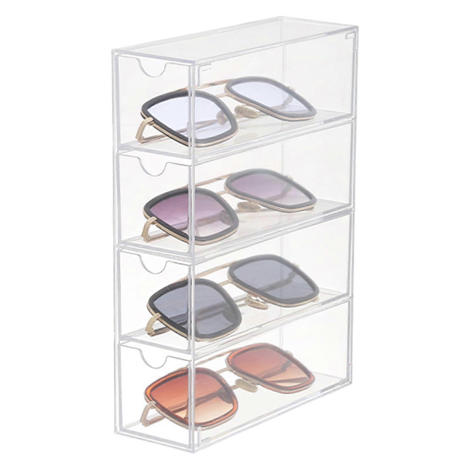 Clear Acrylic Eyeglass Organizer with 4 Stackable Dustproof Drawers for Sunglasses and Makeup Storage