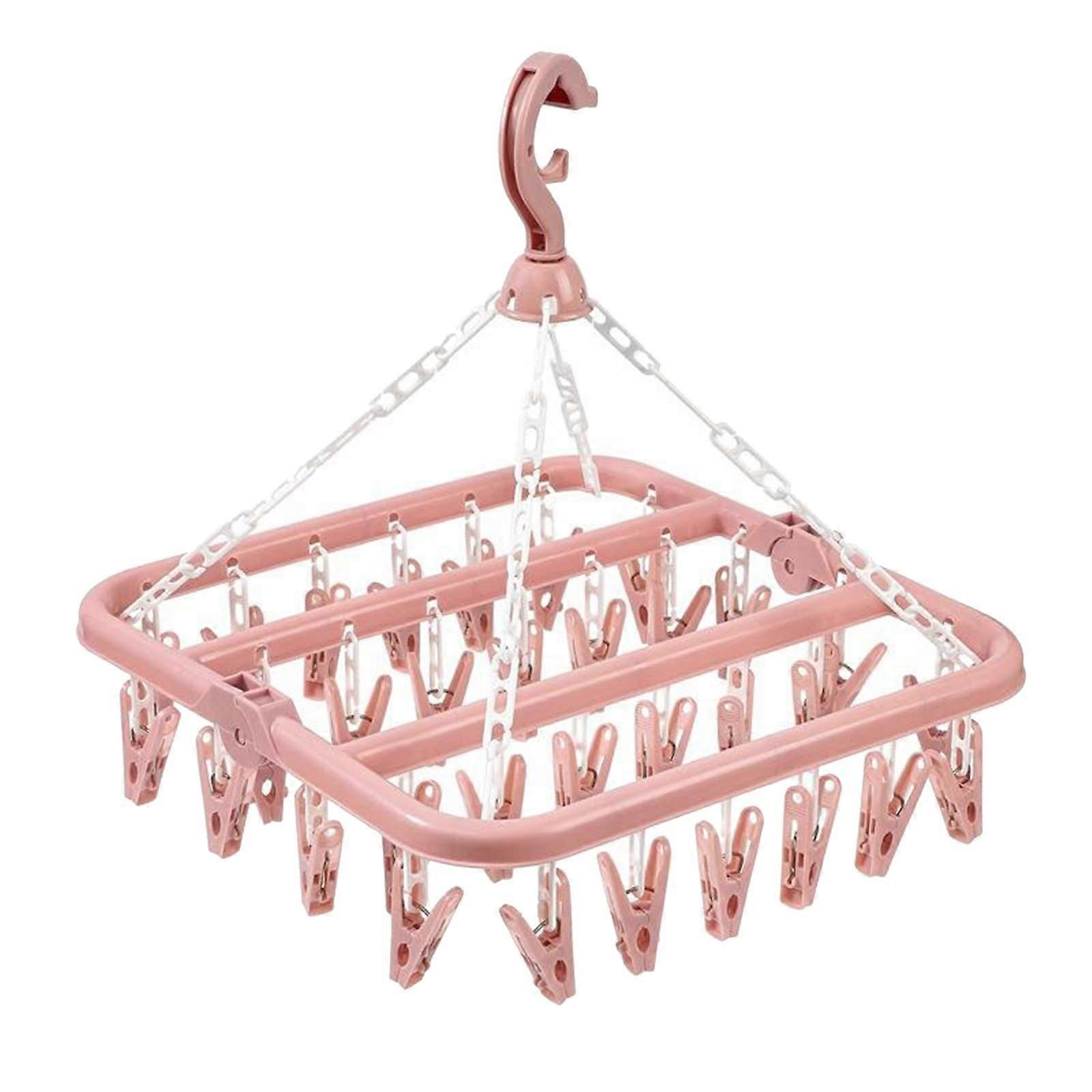 Foldable Clothes Drying Rack with 32 Clips Windproof Hanging Laundry Dryer Pink