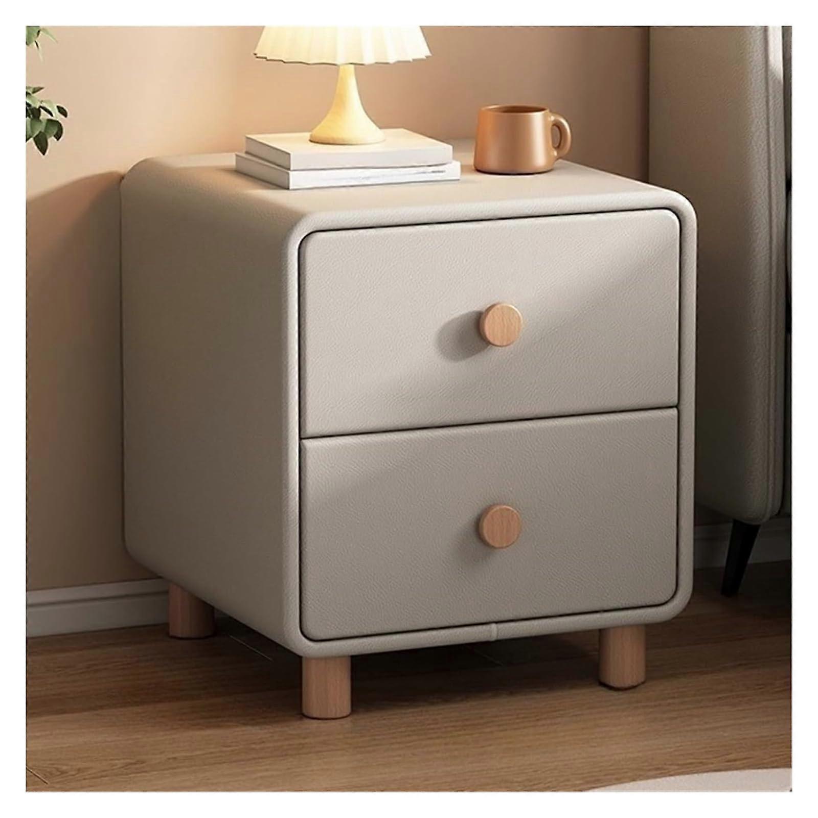 Solid Wood Nightstand with 2 Drawers, Modern Grey Leather Bedside Table for Bedroom, 30CM