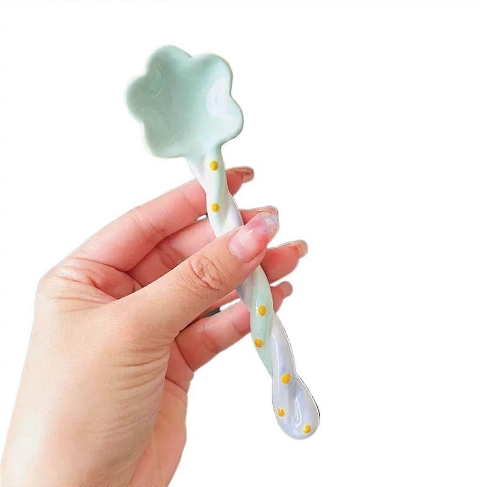Hand Painted Green Ceramic Dessert Spoon with Long Handle, Microwave Safe Dining Spoon