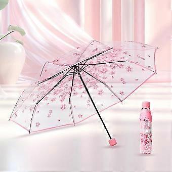 Faltbarer Regenschirm für Damen, niedlich, transparent, Kirschblütenmuster, winddicht, regendicht