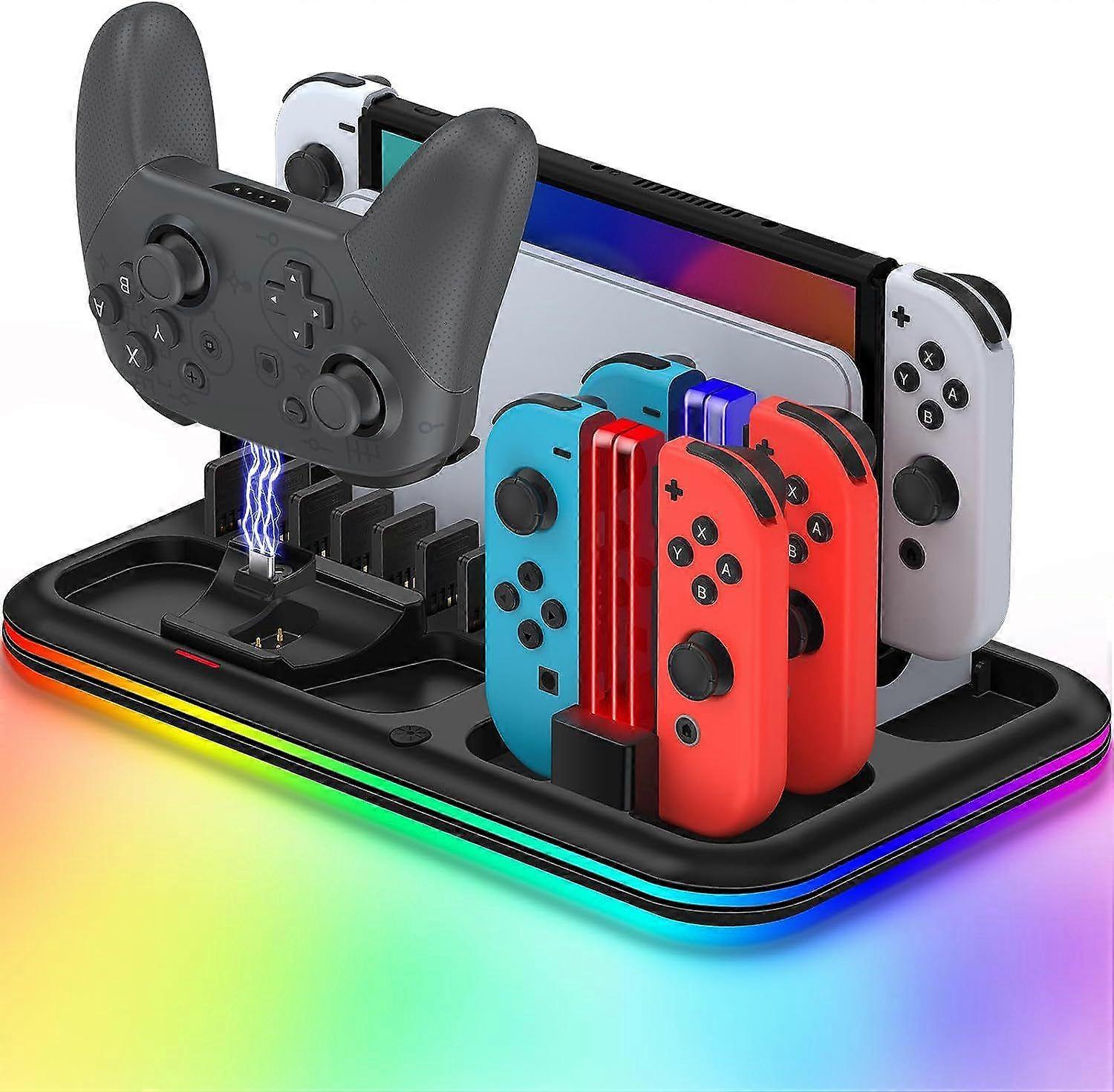 Dock di ricarica a LED 7 in 1 compatibile con Joy Con e controller per Switch e modello OLED