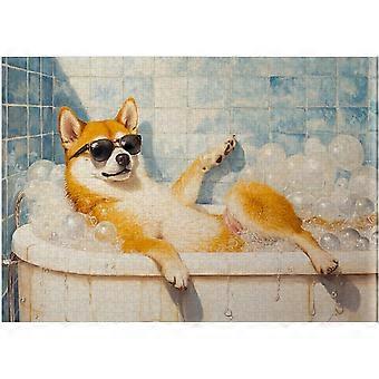 Shiba Inu Taking Bubble Bath Jigsaw Puzzle - Shiba Inu on a Bathtub in Bathroom - Pet Shower Decor Puzzles SQZ774