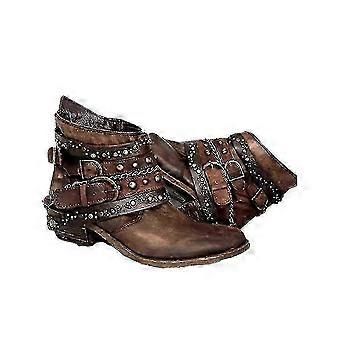 Mulheres Vintage Punk Salto Baixo Ankle Boots Inverno Retro Cravejado Fivela Biker Booties Shoes